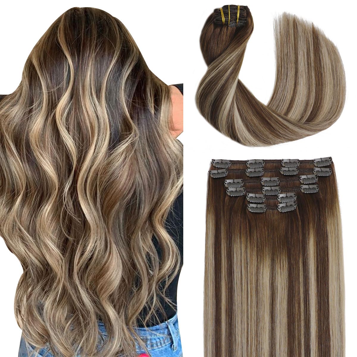 Sindra Clip in Human Hair Extensions Balayage Medium Brown to Caramel Blonde 14 Inch 100g 6pcs Invisible Human Hair Clip in Extensions Silky Straight #4/27/4 14" — image 1