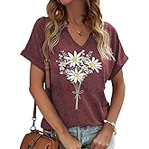 PUCKOLITY Vintage Flowers V Neck Shirt for Women Boho Floral Wildflowers Graphic Tee Casual Cottagecore Summer T Shirt