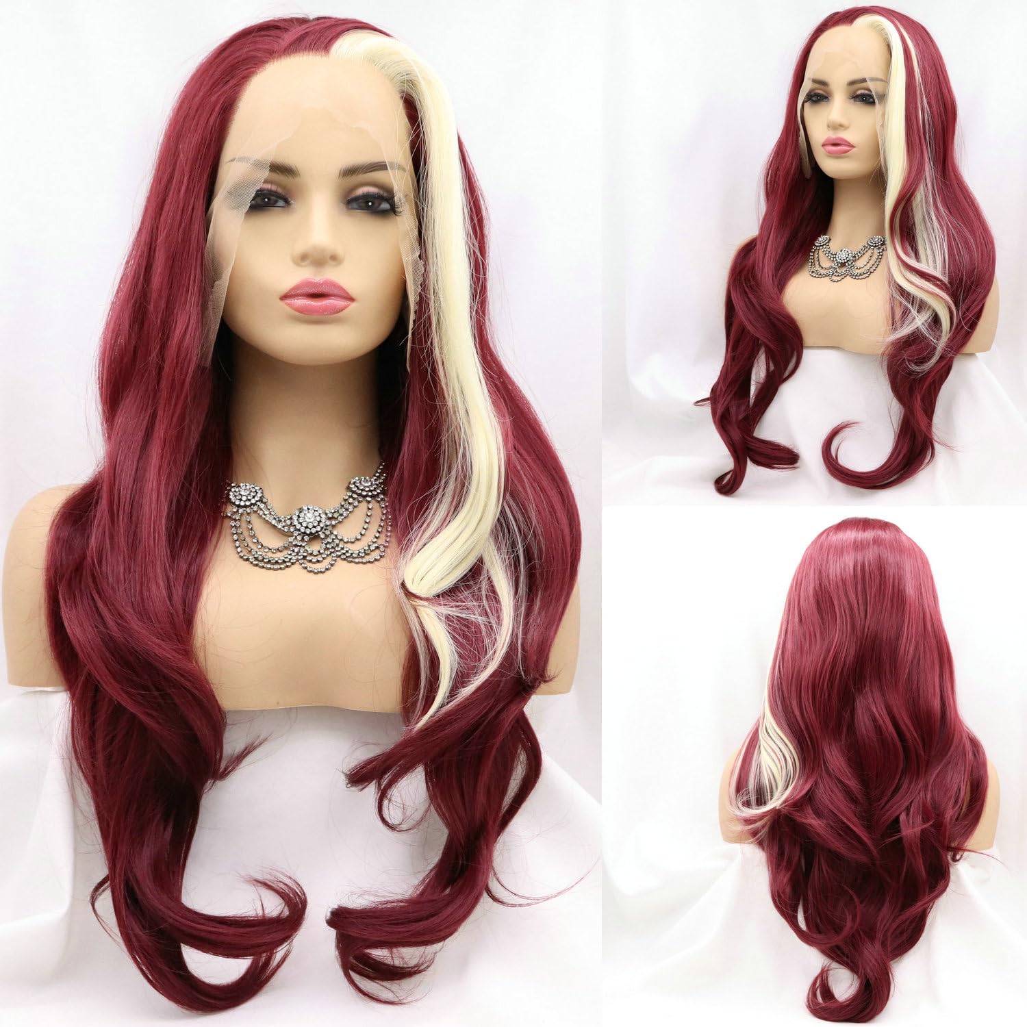 SereneWig 24" Natural Long Wave Hair Burgundy Red Highlight Blonde Synthetic Lace Front Wigs for Women Dark Red Cosplay Highlight Blonde Side Part Glueless Drag Queen Wigs — image 1