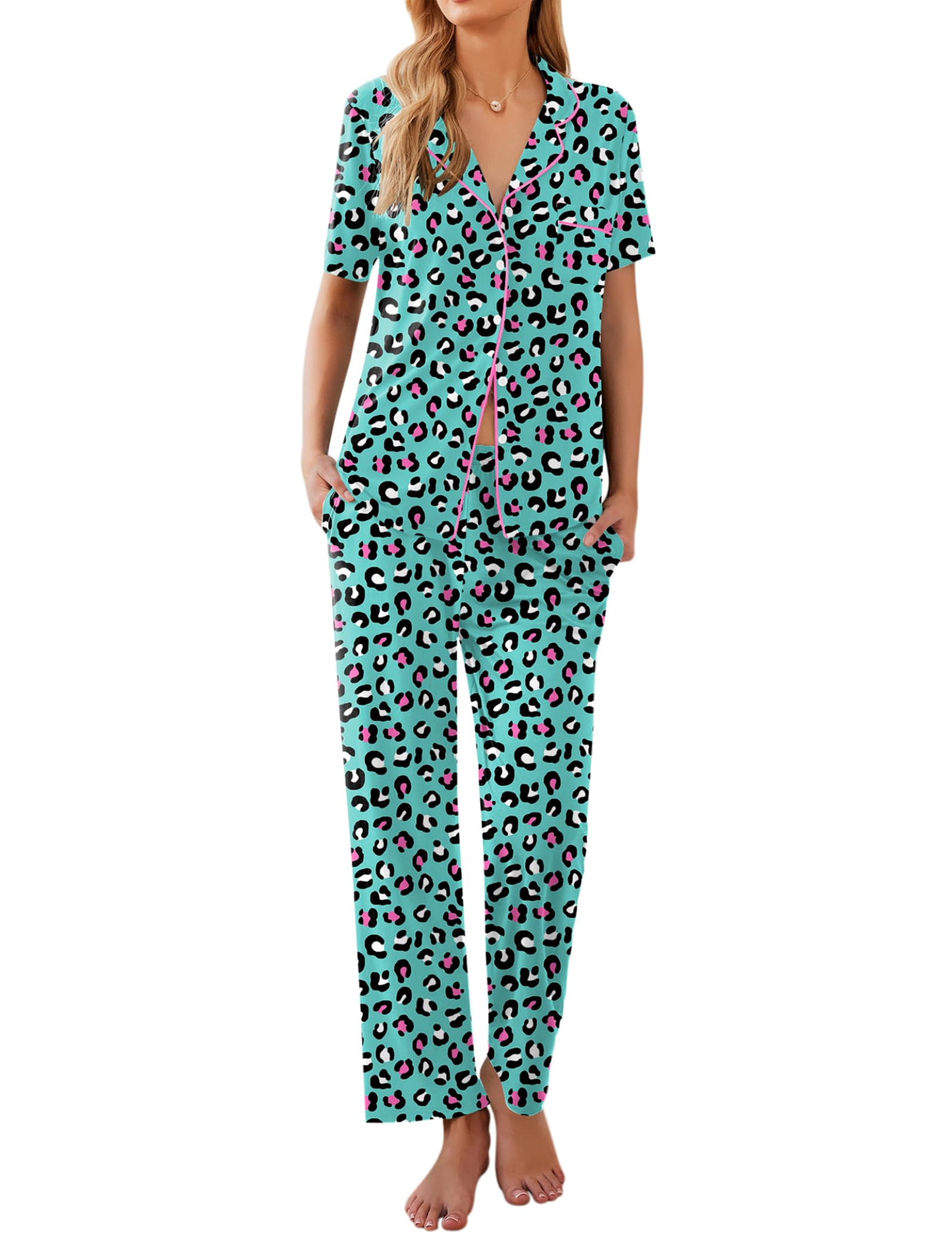 Ekouaer Women Pajamas Set Button Down Sleepwear Short Sleeve Nightwear with Long Pants Soft Pjs Set Green Leopard L Image