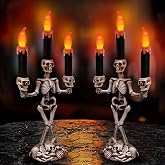 2 Pack Halloween Candelabra LED Flameless Candles Holder Table Centerpiece | Battery Operated Flickering Lights Skull Candles Halloween Decorations Indoor Home Table Mantel Party Haunted Mansion Decor