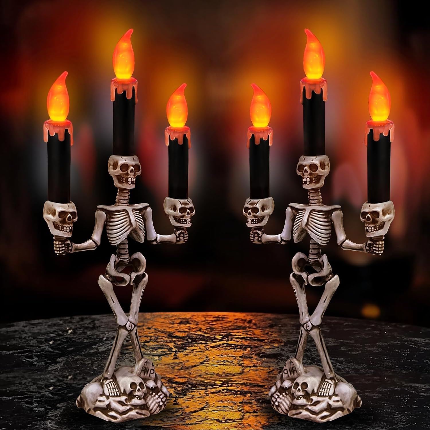 Photo 1 of TURNMEON 2 Pack Halloween Candelabra with LED Flame Less Candles Holder Battery Operated Flickering Lights Skull Candles for Halloween Decorations Indoor Home Table Mantel Party Haunted Mansion Decor