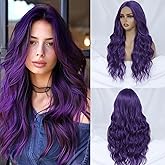 FEIVOSILAN Dark Purple Wig for Women Long Wavy Purple Wig Middle Part 26 Inch Wigs Heat Resistant Synthetic Wig for Daily Use
