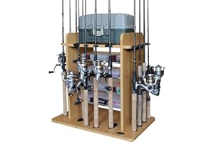 Rush Creek Creations Fishing Rod Holder for 14 Saltwater/Freshwater Rods, Fishing Pole Holder w/ up to 4 Fishing Gear Tackle Box Storage for Garage Organization/Boat Storage for Fishing Accessories