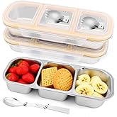 Ranjaner 3pcs Stainless Steel Snack Containers with 3pcs Foldable Salad Spoons, 3 Compartments Bento Lunch Box Metal Snack Box Reusable Divided Food Storage Containers, 600ML