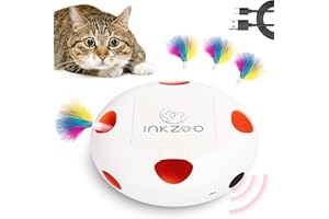 INKZOO Cat Toys, Interactive Cat Toys for Indoor Cats, Ultra Fun Smart Interactive Kitten Toy, Automatic 7 Holes Mice Whack-A-Mole， USB Rechargeable, 4 Pieces Feather Refills (White)