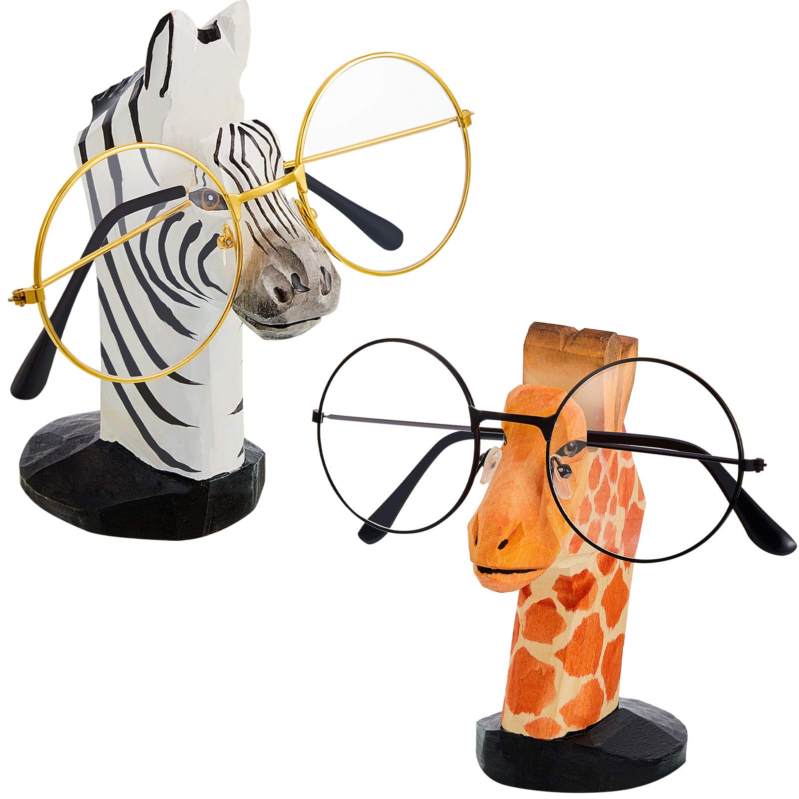 Weewooday 2 Pieces Wooden Animals Eyeglass Holder Hand Carved Wood Eyeglasses Sunglasses Holder Stand for Home Office Desk Decor (Giraffe, Zebra)