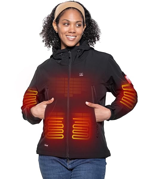 DEWBU HEATED JACKET FOR WOMEN WITH 12V BATTERY PACK WINTER OUTDOOR SOFT SHELL ELECTRIC HEATING COAT, WOMEN’S BLACK, M