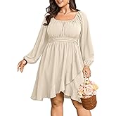 SCOMCHIC Women Plus Size Fall Dresses Long Sleeve Square Neck Ruffle Hem Flowy A-Line Cocktail Wedding Guest Mini Short Dress
