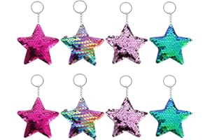 GALPADA 8Pcs Reflective Sequin Star Key Rings Christmas Keychains Backpack Pendants Glitter Key Holders for