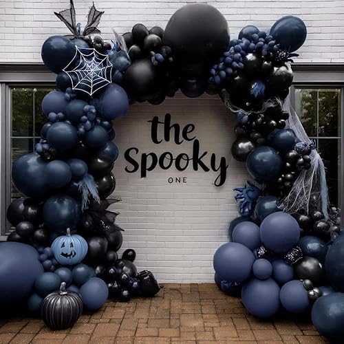 Navy Blue Black Balloon Arch Kit Double Stuffed, Dark Lavender-Blue Matte Black Balloon Garland with Clear Bobo Latex for Birthday Baby Shower Halloween Spooky Boo Party Decoration