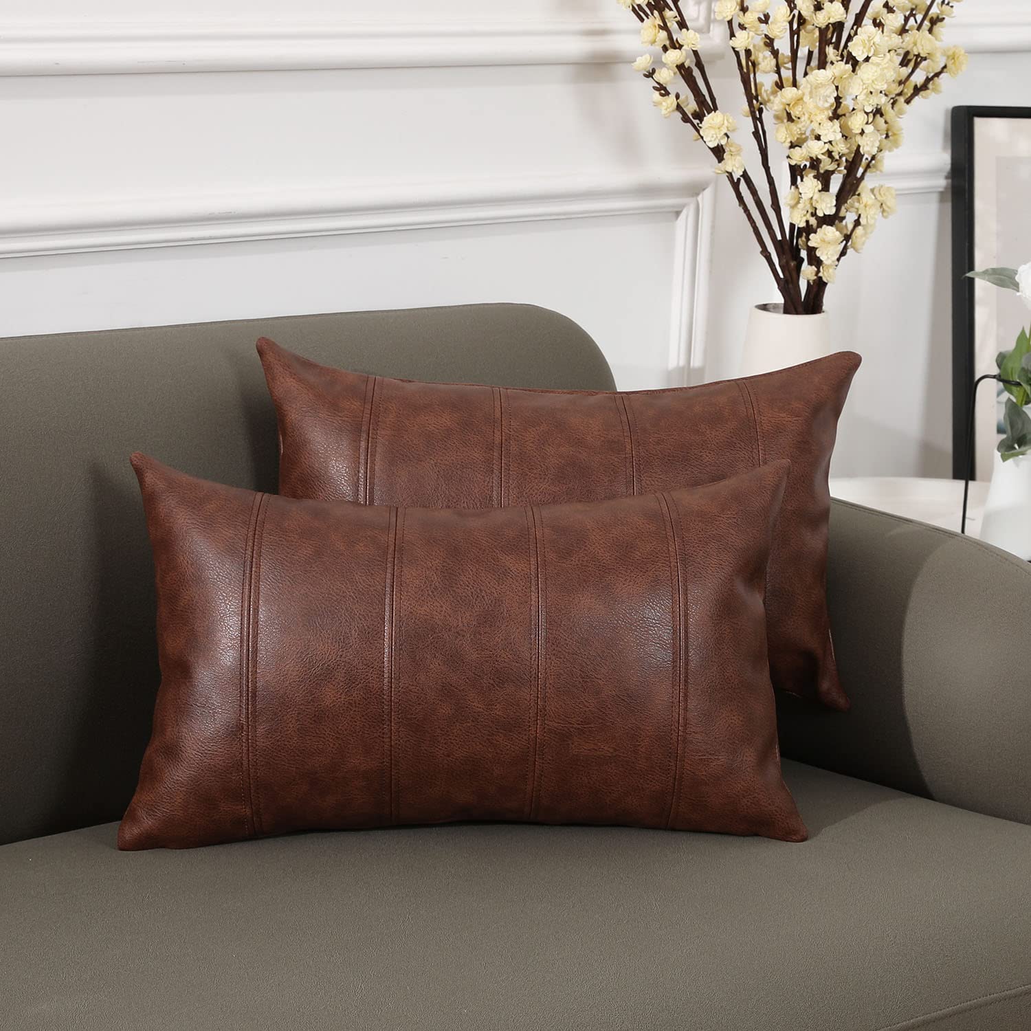 YAERTUN Set of 2 Lumbar Faux Leather Stripes Design Decorative Throw Pillow Covers Modern Outdoor Cushion Covers Cases Luxury Pillowcases for Couch Sofa Bed 12x20 Inches Dark Brown
