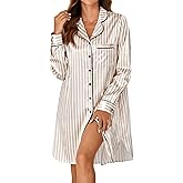 KIFOVEN Women's Silk Satin Striped Nightgown Button Down Collar V Neck Long Sleeve Nightshirt Nightdress