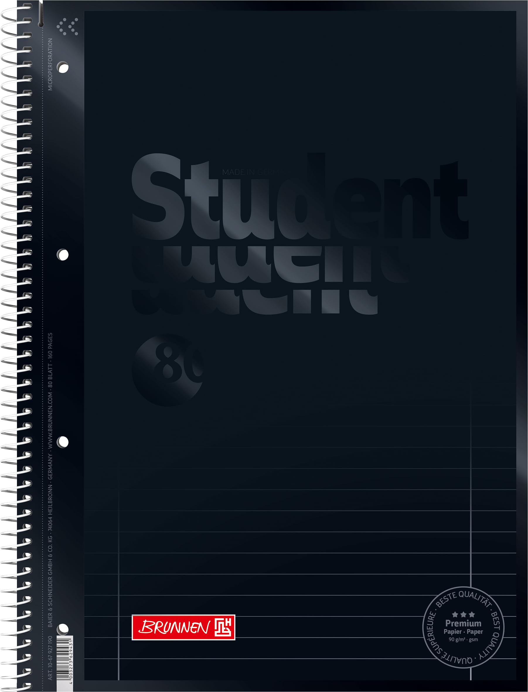 Brunnen 1067927126 Colour Code Student Notepad (A4 Ruled, line Style 27, 90 g/m², 80 Pages) Onyx Schwarz