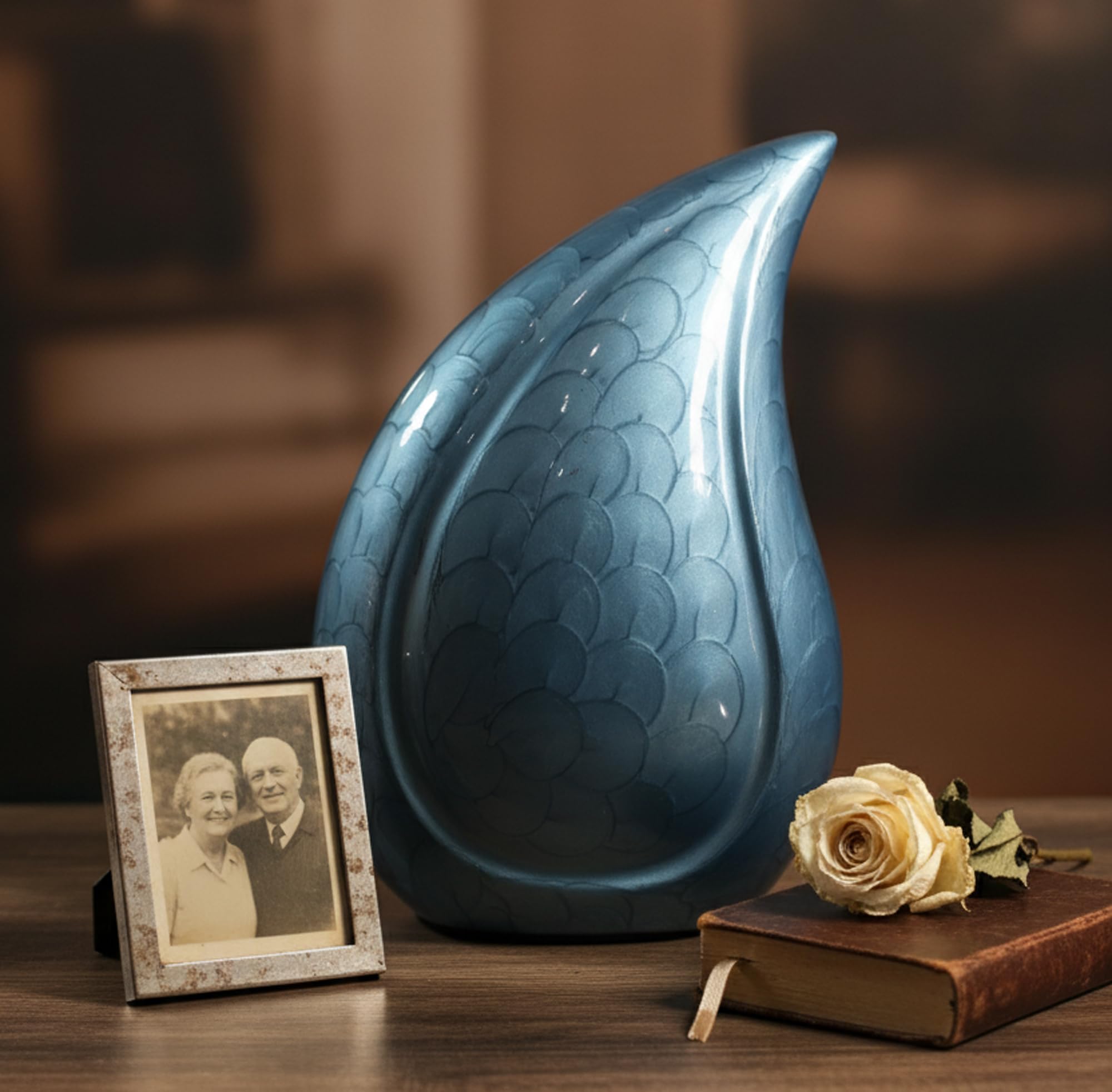 ESPLLANADE Teardrop Cremation Memorial Container Jar - Metal Burial Urn - Blue - 10 Inches