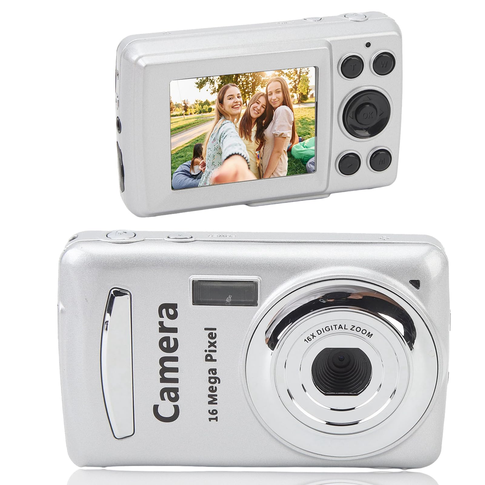 Portable Digital Camera,1080P 16MP FHD Compact Camera with 2.4in LCD Screen Anti Shake,16X Digital Zoom Simple Vlogging Camera for Kids Teen Beginner (Silver Gray)