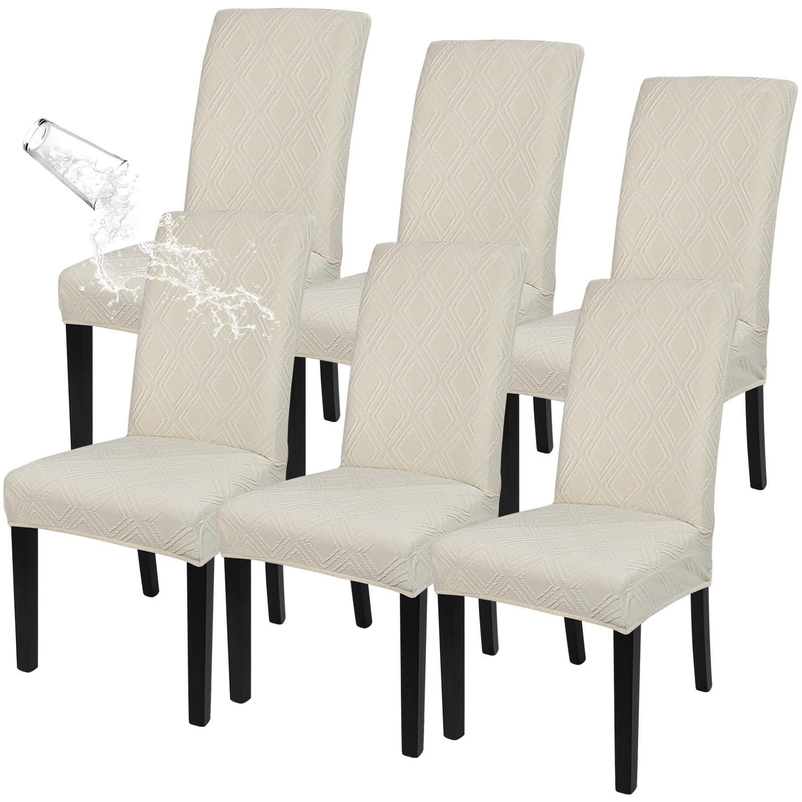 SearchI Waterproof Dining Room Chair Covers 6 Pack, Stretch Parsons Chair Slipcovers Removable Washable Kitchen Chair Protector Cover for Dining Room, Hotel, Banquet (Beige Jacquard, 6PCS) — image 1