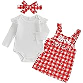 Aiwpstoin Valentines Day Baby Girl Outfit Heart Love Embroidery Ruffled Romper Top Plaid Overall Dress Headband Set