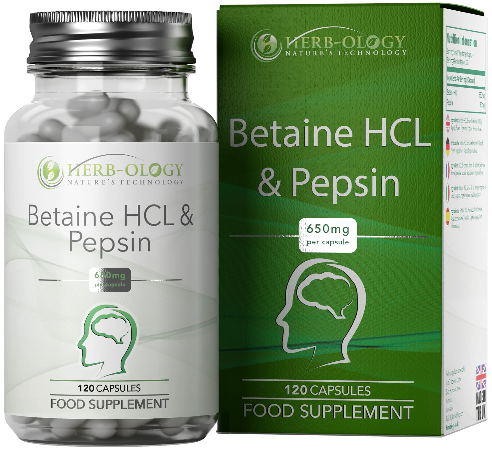HB Betaine HCL with Pepsin Capsules | 120 High Strength Vegan Betaine Hydrochloride Capsules - 650mg-30mg-Pepsin per Serving | Non-GMO, Gluten & Allergen Free | Made in The UK