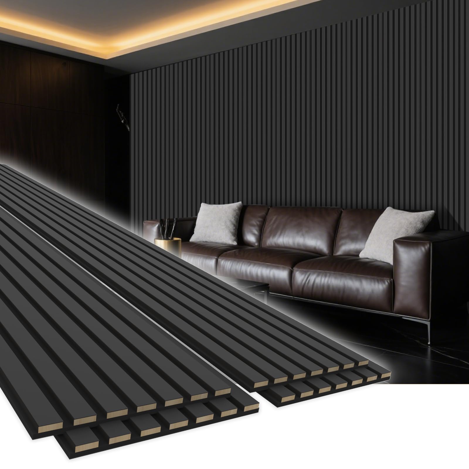Photo 1 of EVERECO 4 Pack 94.5" × 11" Wood Panels for Wall, Acoustic Soundproof Wall Slat Panels, 3D Wall Panels for Home Office Decoration, Matte Black