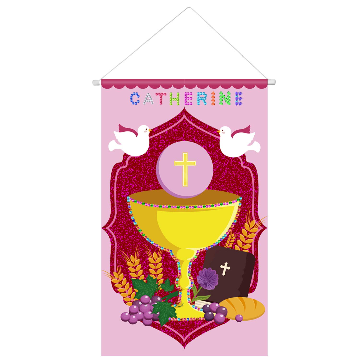 Photo 1 of First Communion Banner Kit DIY Holy Door Hanging Decor with 2 Sheets of Diamond Stickers for Boys and Girls Decoration Set, 12 x 20 Inch (Holy Grail Pink Style)