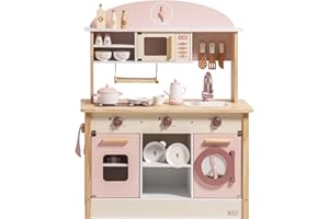 ROBUD Play Kitchen for Kids Toddlers, Wooden Play Kitchen with Realistic Accessories, Toy Kitchen Set with Plenty of Play Features, Modern Style Toy Kitchen for Girls & Boys, Gift for Ages 3+, Pink