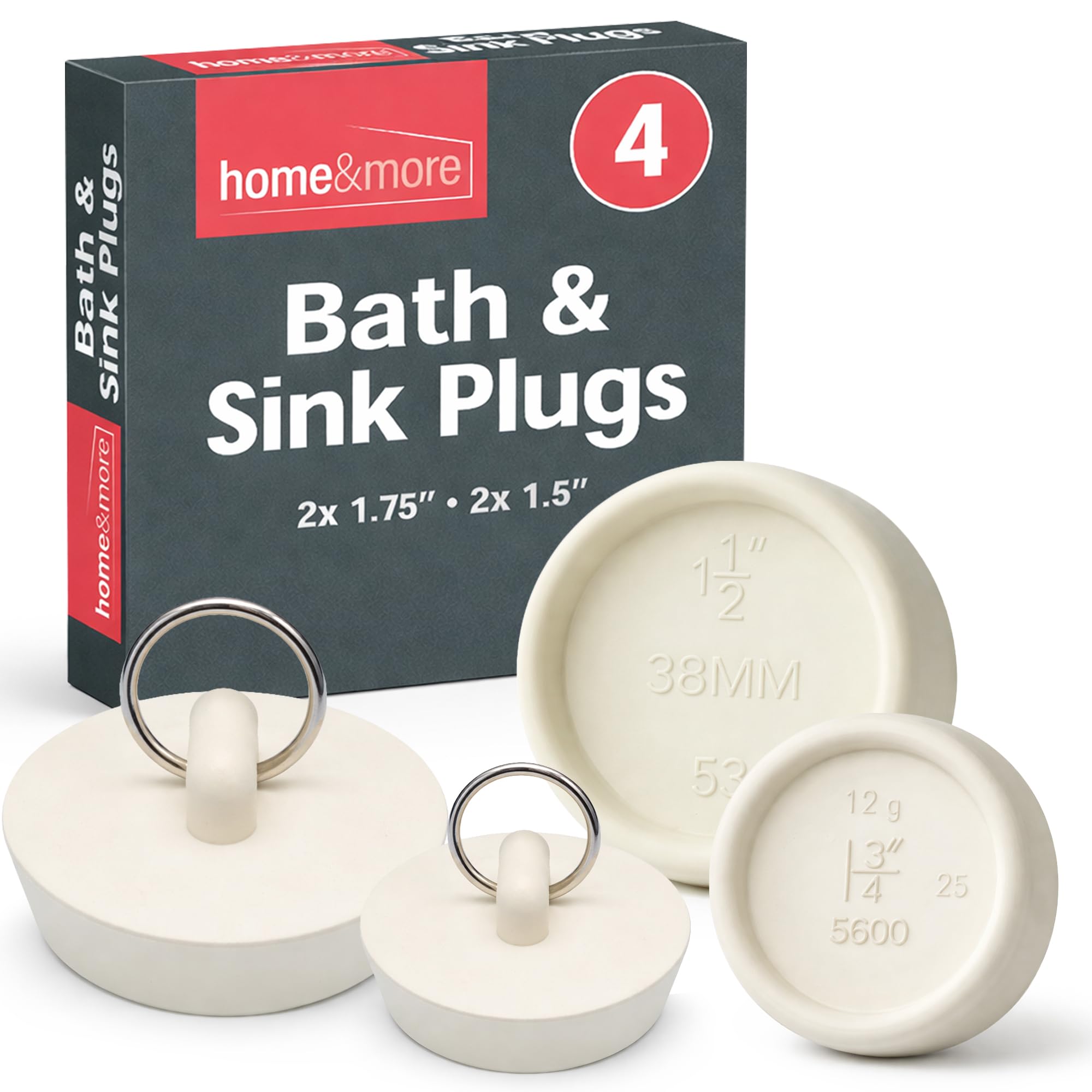 SOL 4pk Kitchen Sink Plugs, 3/4 Inch and 1/2 Inch White Universal Bath Plug UK Stopper for Kitchen Basin and Bathroom Bathtub, Durable Rubber, Leak-Proof, Preventing Leaks and Ensuring a Tight Seal