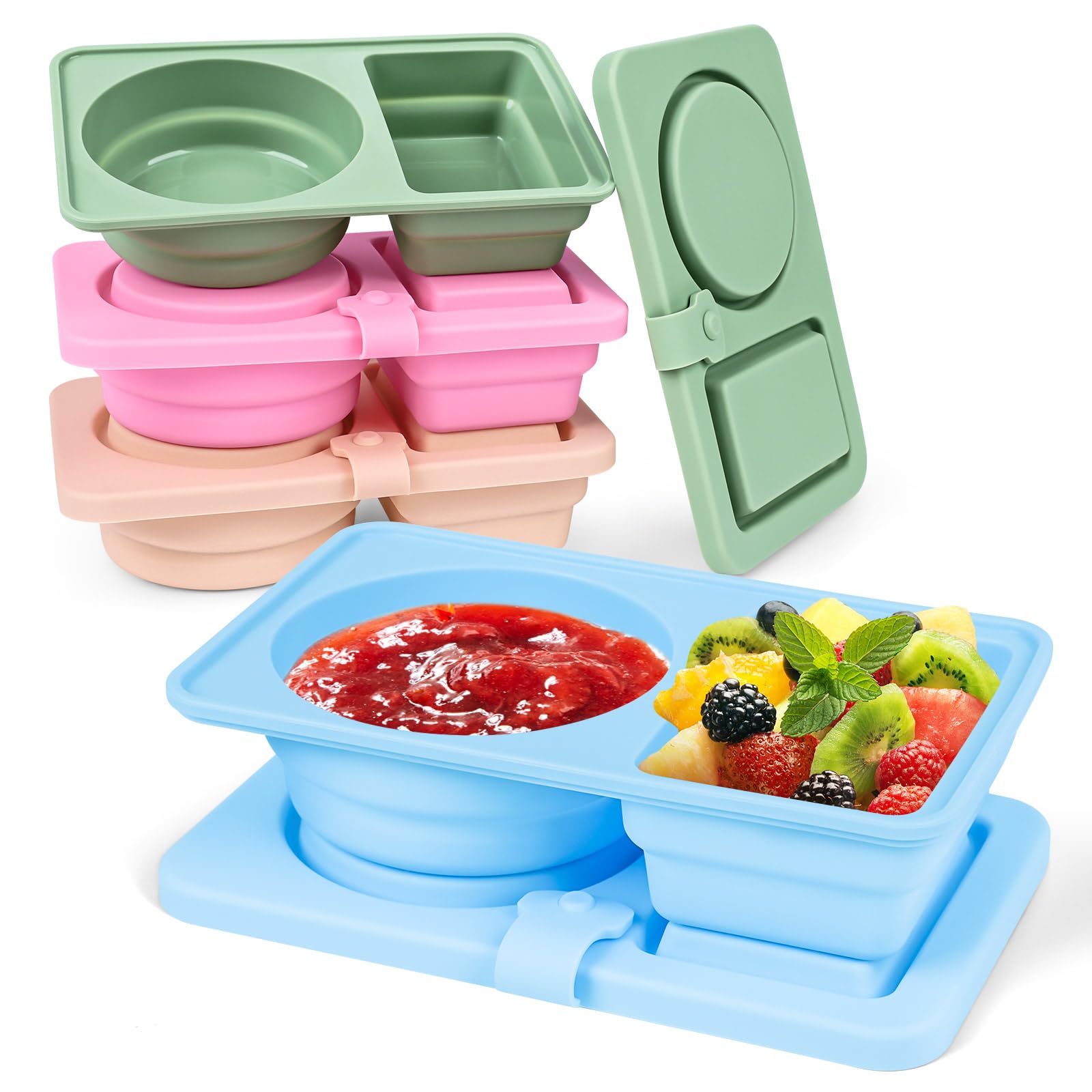 Photo 1 of 4-Pack Silicone Reusable Snack Containers with Lids | Double Compartment Leak-Proof Bento Boxes for Sauce, Condiments & Fruits, Portable Small Food Storage Containers for Office, Travel, Picnic