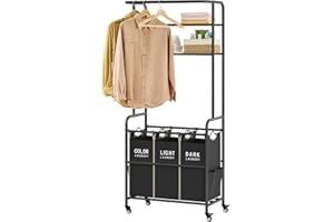 Gewudraw Laundry Sorter 3 Section,Laundry Hamper Cart with Hanging Rack & Removable Bags,Heavy Duty Laundry Basket with Wheels & 2 Tier Shelf,Space-Saving Laundry Basket Organizer for Laundry Room