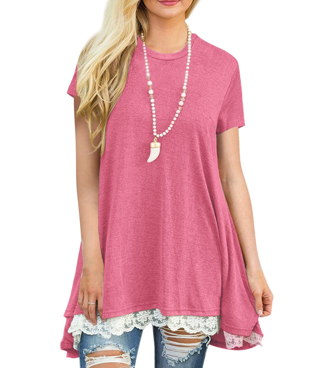 Rdfmy Women\'s Lace Short Sleeve Tops Casual Round Neck Top Blouses Pink XXL