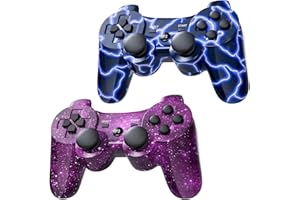 Burcica Wireless Controller for PS-3 Motion Sense Double Vibration Upgraded Gaming Remote for Play 3 with Charging Cord (Blue+Purple)