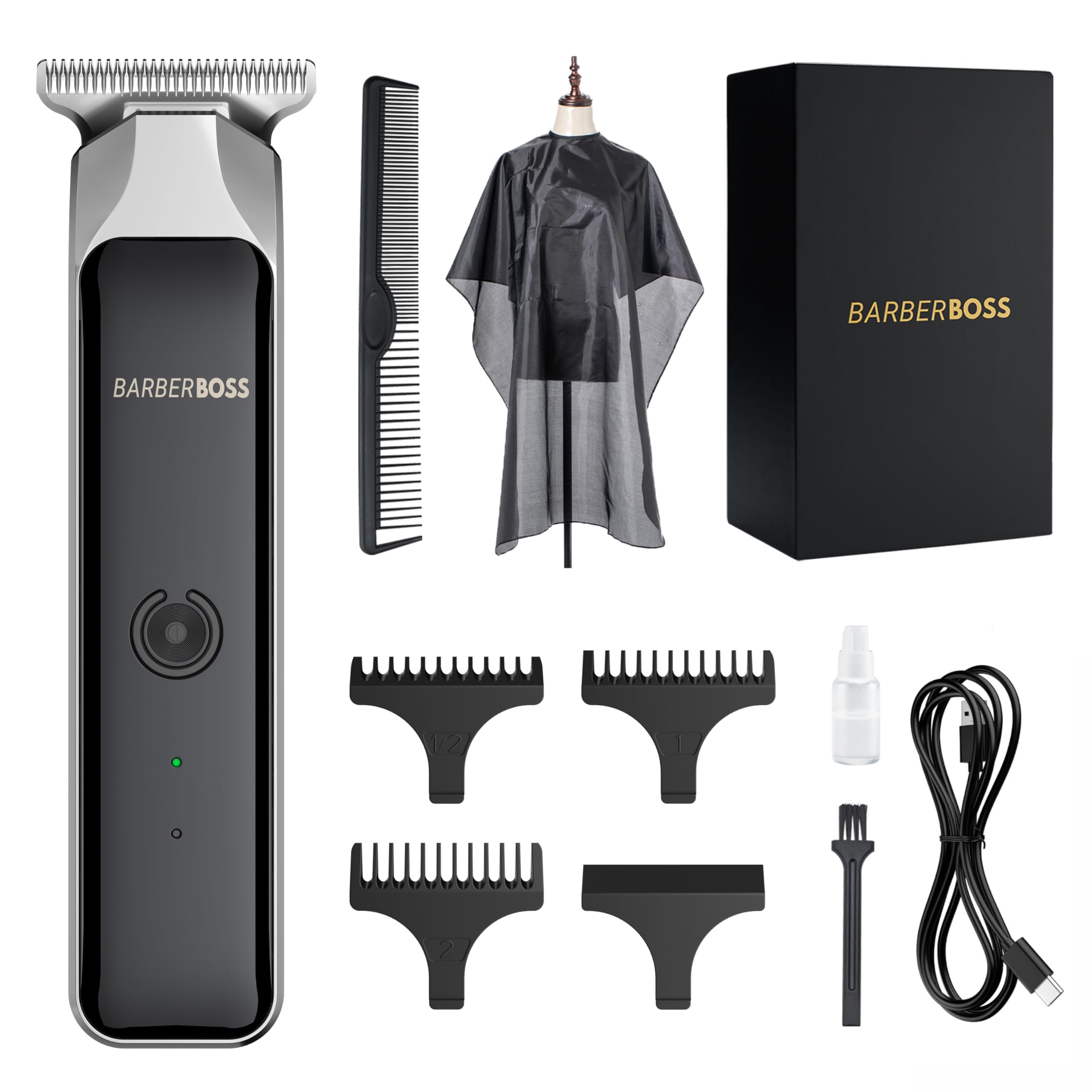 BarberBoss Professional Facial Groomer, Beard Trimmer, Hair Clipper Men, Detail Trimmer, USB Rechargeable, Red/Green Light, Stainless Steel T-Blade, QR-2090