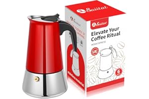 Suiitat Moka Pot, 6 Cups (10.6 oz) Stovetop Espresso Maker, 304 Stainless Steel Moka Pot, Induction Compatible, Red