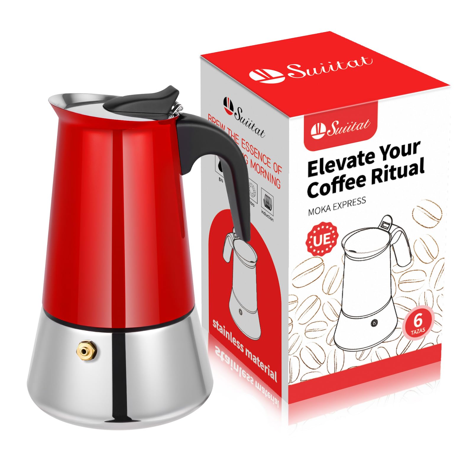 Photo 1 of Suiitat Moka Pot, 6 Cups (10.6 oz) Stovetop Espresso Maker, 304 Stainless Steel Moka Pot, Induction Compatible, Red