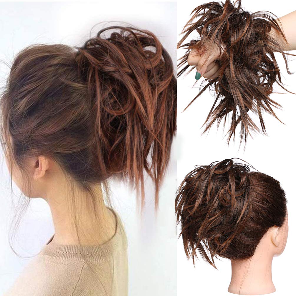 Tousled Updo Messy Bun Hair Extension Instant Ponytail With Elastic Rubber Band Updo Chignon Donut Scrunchies Extensions Hairpiece Synthetic Wavy Hair for Women Aubrun mix Medium Brown