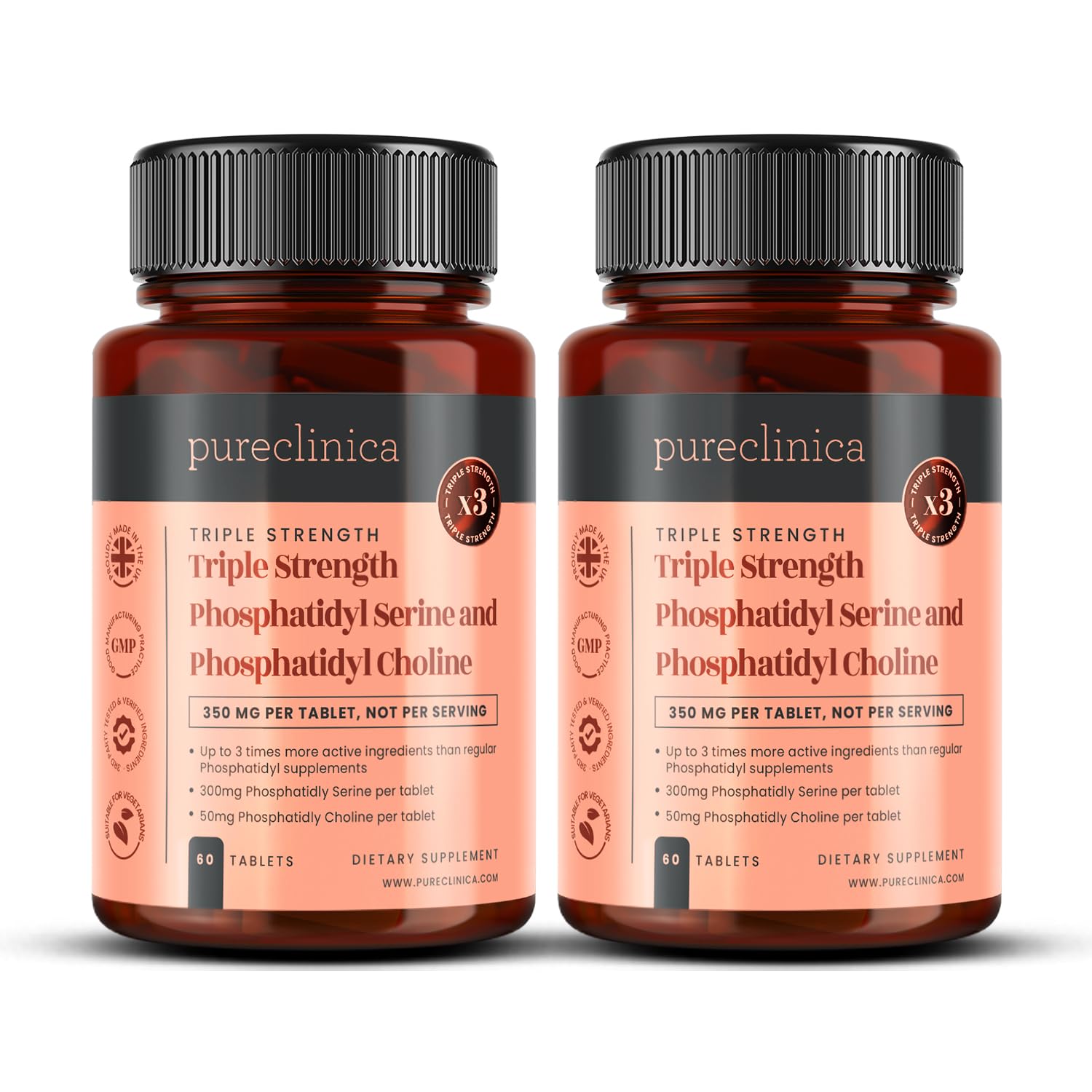 Phosphatidyl Serine & Phosphatidyl Choline 350mg – Triple Strength Brain & Memory Support – 2 Bottles, 60 Tablets Each (120 Total) – 4 Month Supply