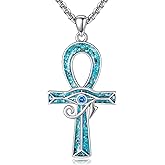 HUKKUN Ankh Necklace 925 Sterling Silver Eye of Horus Necklace Turquoise Ankh Cross Necklace for Men Egyptian Jewelry for Men