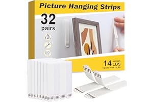 Fixwal Picture Hanging Strips, 32 Pairs(64 Strips) White Large Size 0.75" x 3.6", Heavy Duty Picture Hanger Kit, Removable Damage Free Picture Hanging Hooks for Living Room Bedroom