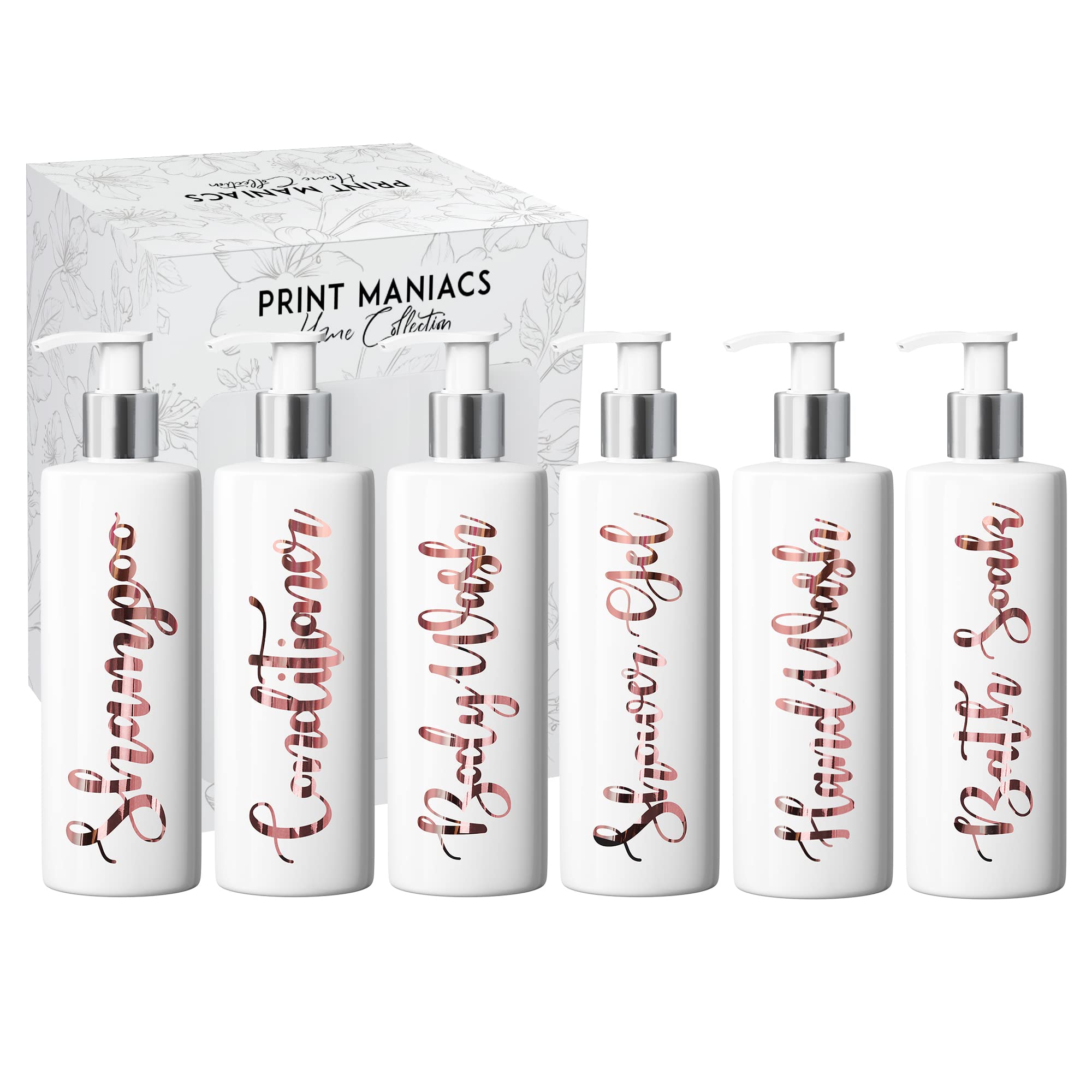 Print Maniacs Mrs Hinch Inspired White Personalised Dispenser Silver Pump Bottles Set 6 (ROSE GOLD)