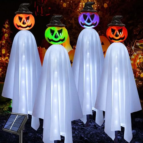 Upgraded Halloween Decorations Outdoor, 4 Pack Waterproof Solar Pumpkin Ghosts Garden Stake Lights for Front Yard Patio Lawn Pathway Halloween Party Decorations