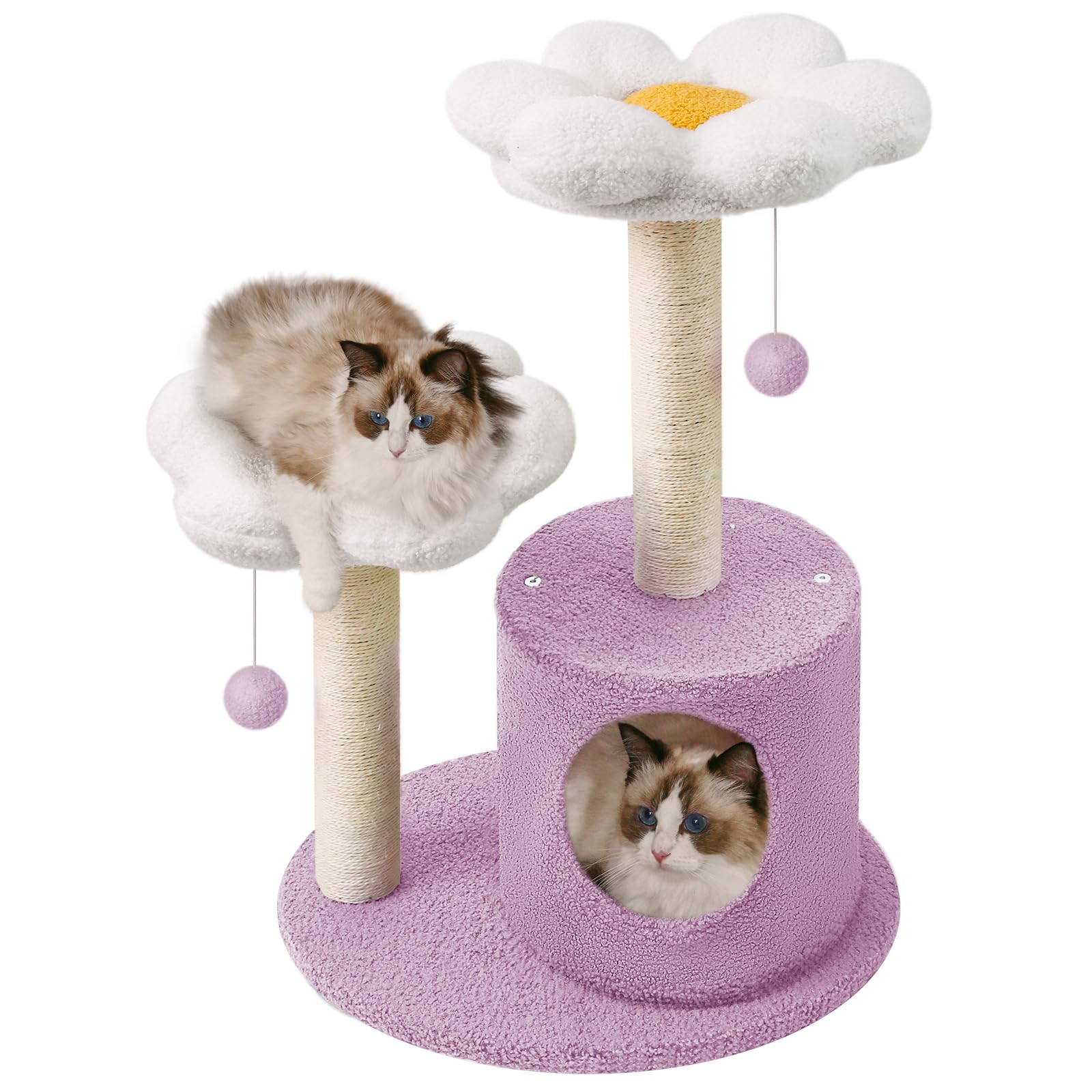 Photo 1 of Flower Cat Tree with Sisal Scratching Post, Small Cat Tower with 2 Flower Perch, 31.5" Purple Cat Tree Cute with Fluffy Balls & Condo, Small Cat Tower for Indoor Cats, Pink-Purple