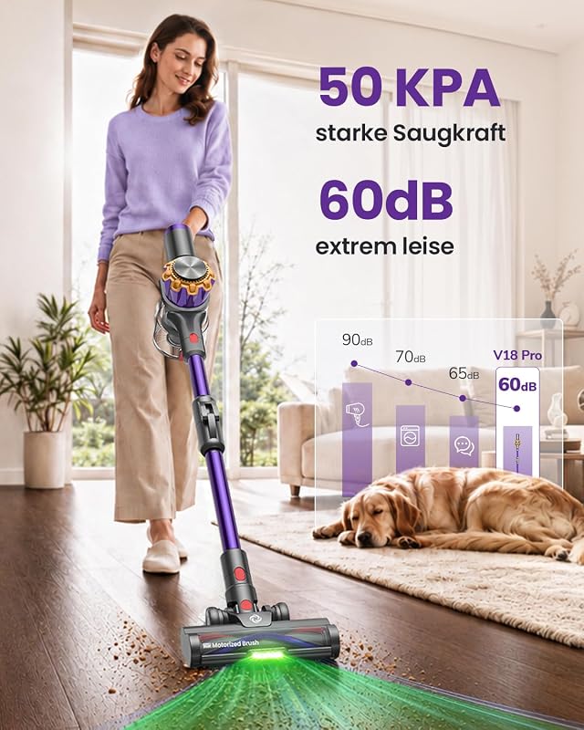 V18PRO Akku Staubsauger Kabellos mit Klapprohr, 50kPa/650W/50Min