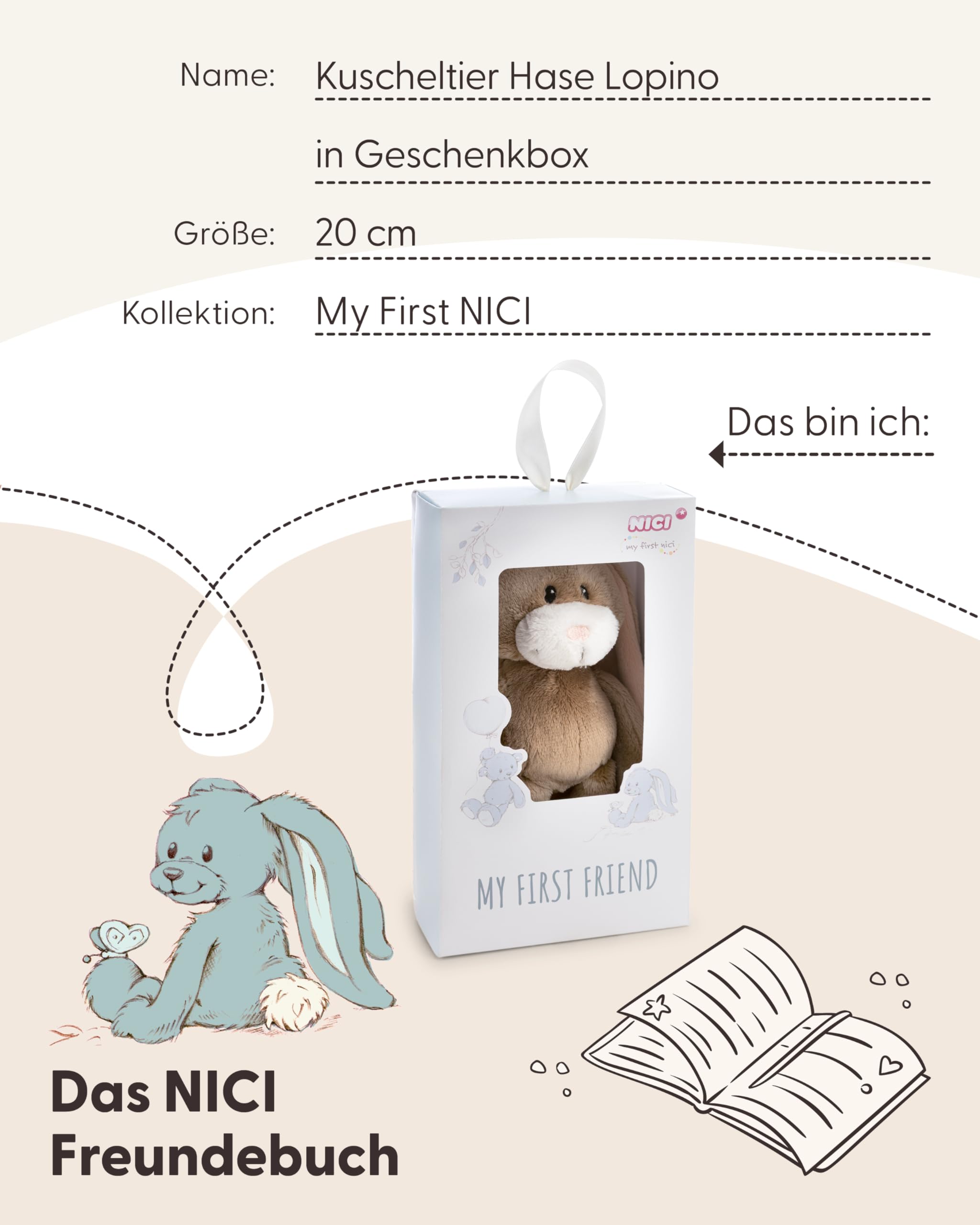 NICI Kuscheltier Hase Lopino 20cm in Geschenkbox 22,5x12,5x7cm - braun - Stofftier aus weichem Plüsch, niedliches Plüschtier zum Kuscheln und Spielen, für Babys & Kleinkinder 6