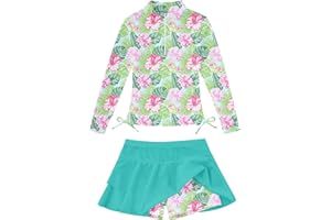 Vogseek 5-12T Girls Rash Guard 2 Pieces Bathing Suit Long Sleeve Swimsuit Swimming Skirt with Shorts Swimwear