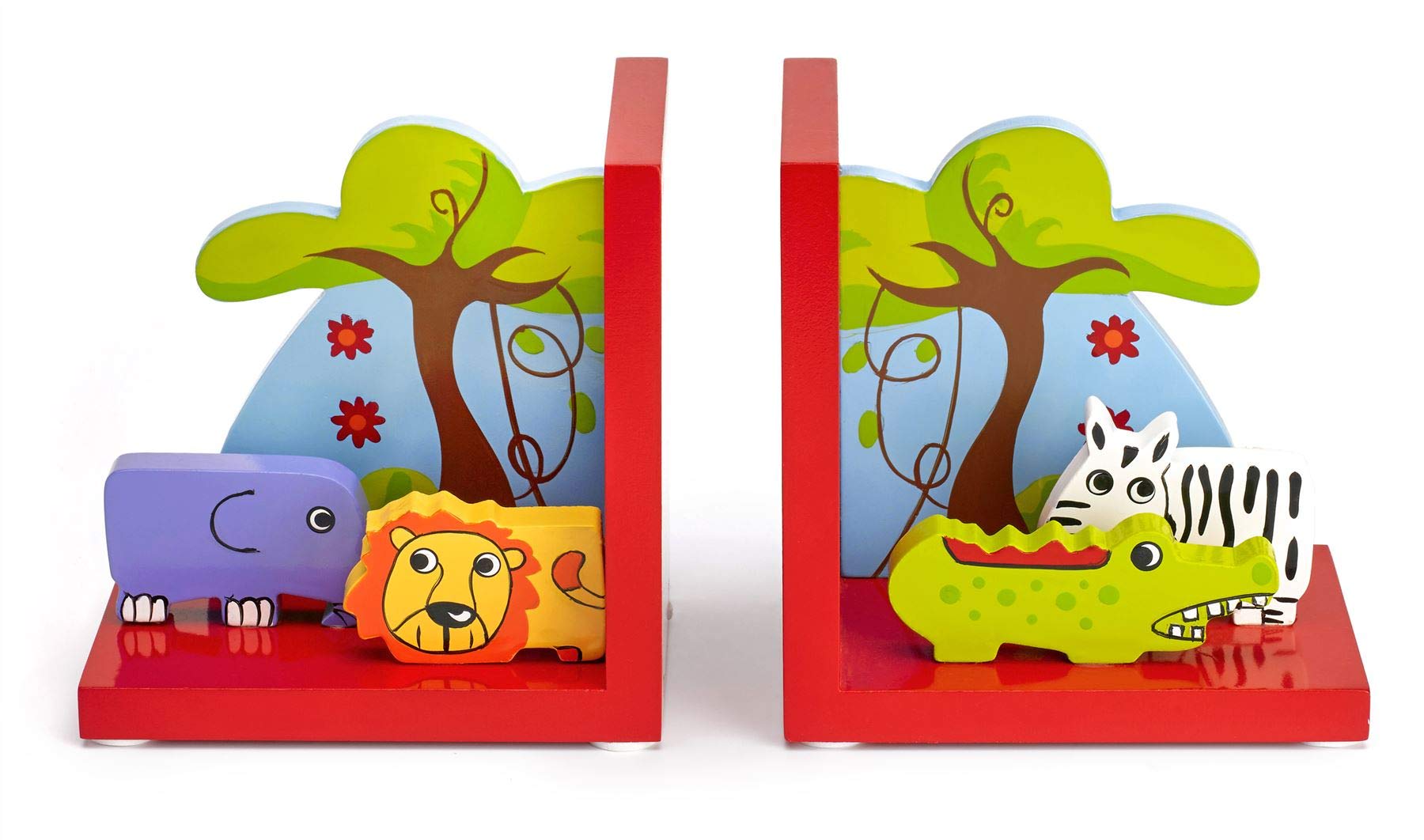 Mousehouse Gifts - Red Safari Wooden Children's Bookends, Charming Kids' Room Decor for Boys & Girls