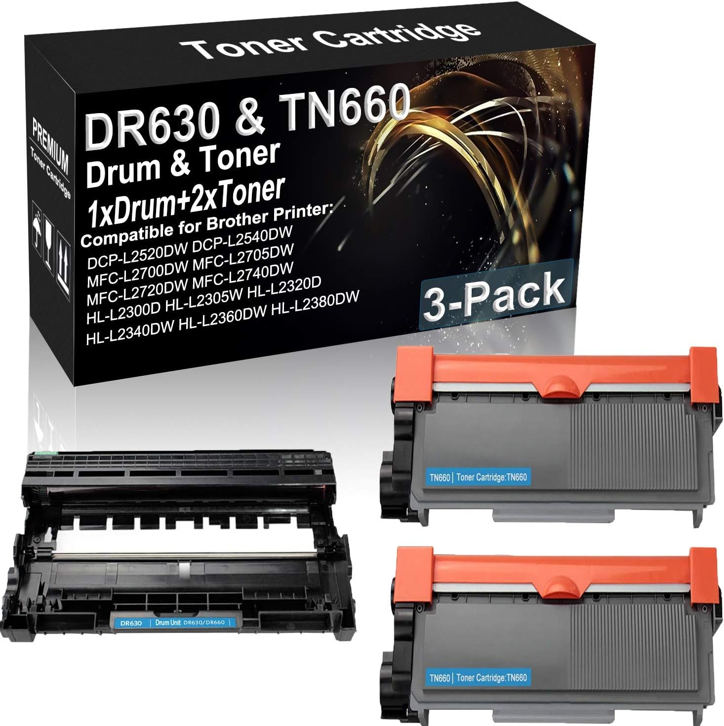 3Pack Compatible Printer Toner Cartridge Drum Unit Replacement for Brother DR630