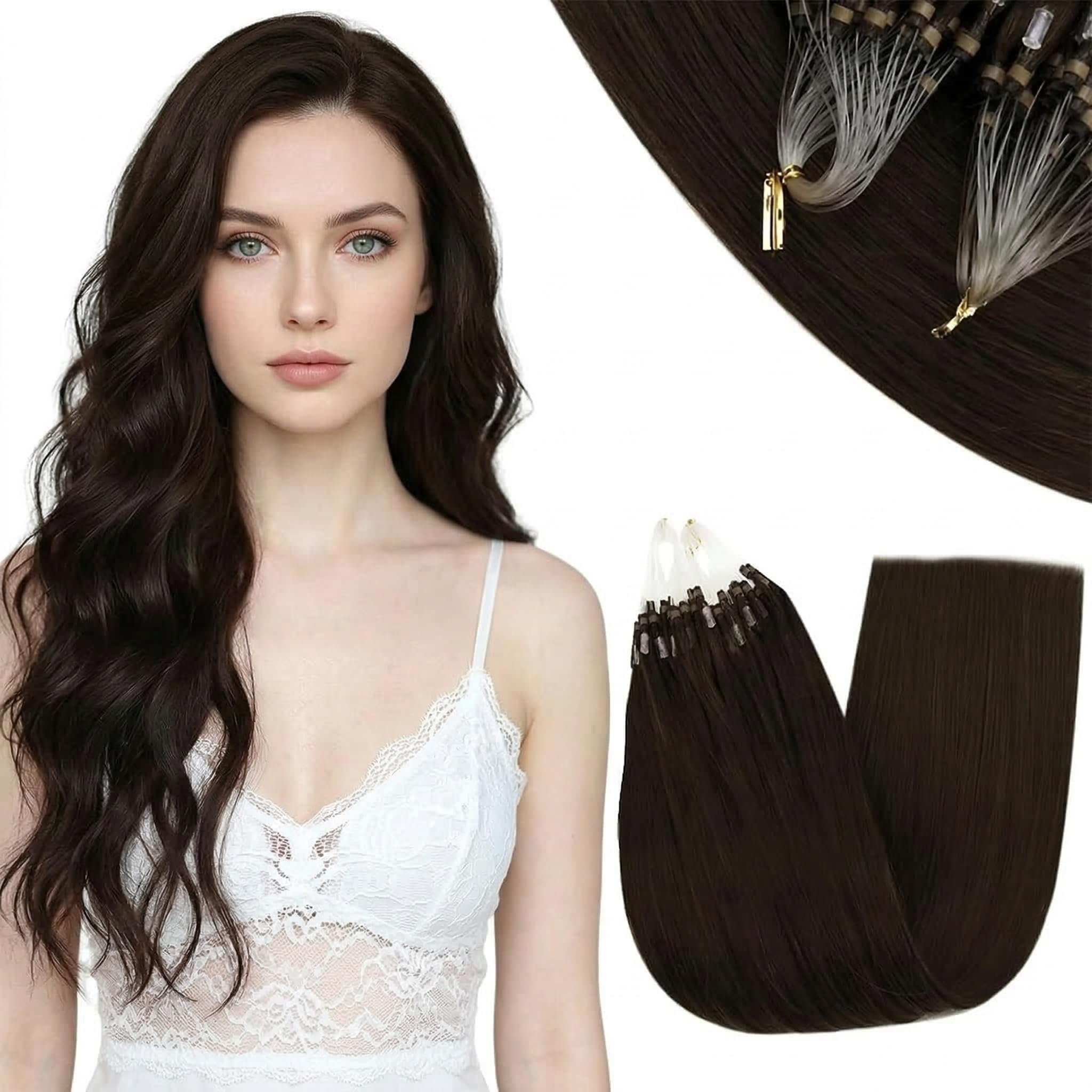 RUNATURE Micro Hair Extensions Human Hair Dark Brown Micro Beads Hair Extensions Black Brown Micro Ring Hair Extensions Real Human Hair 24 Inch 50 Gram — image 1