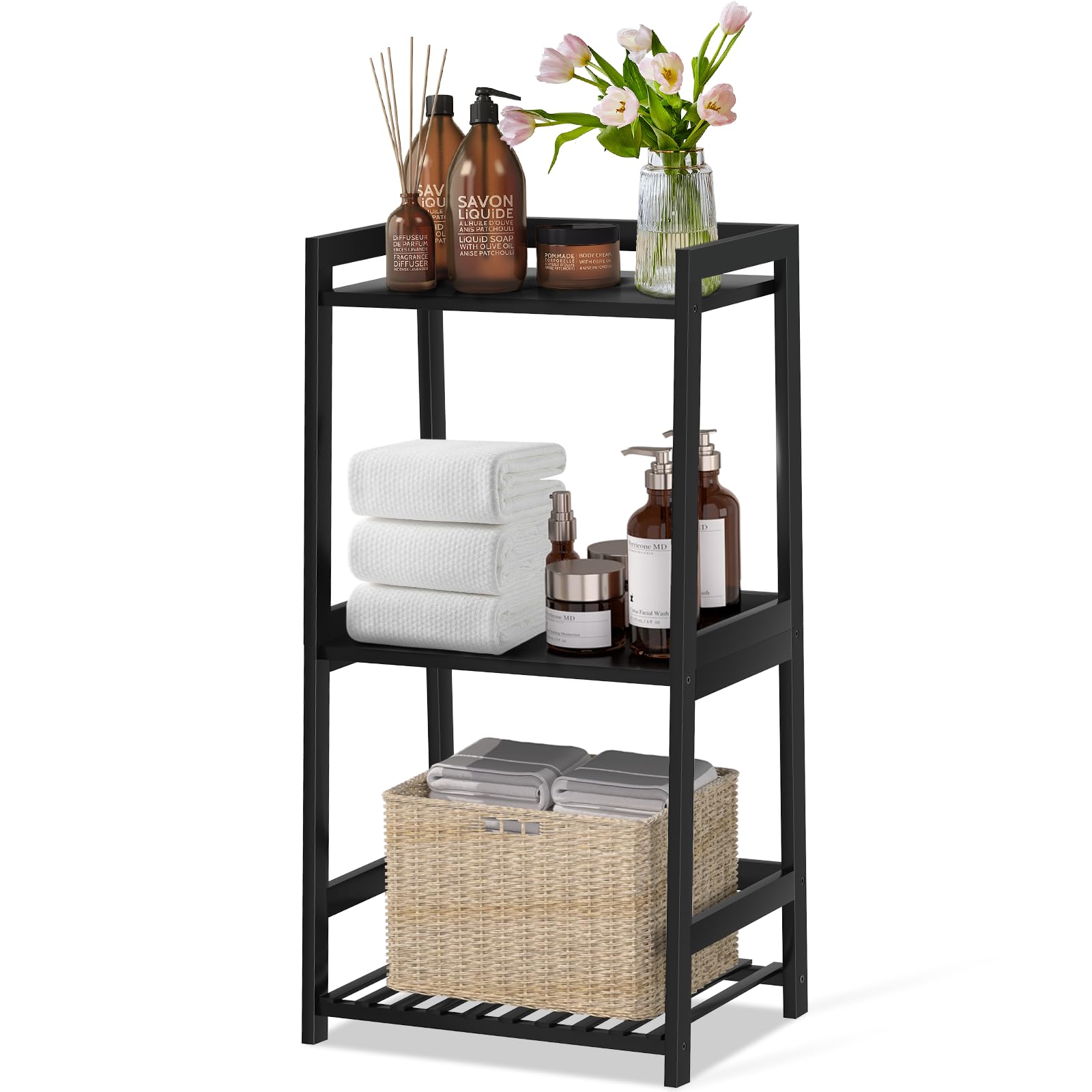Photo 1 of POXAKA 3 Tier Bamboo Bathroom Shelves, Ladder Shelf for Storage, Rustic Home Organizer, Space-Saving Design, Stylish Display Nightstand, Stylish Storage Solution for Home, Living Room, Kitchen