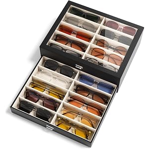 NEWLOOP Sunglass Drawer Storage Display Box for Multiple Pairs of Eyeglass | PVC Top Storage Box Women Men Jewelry Holder Lea