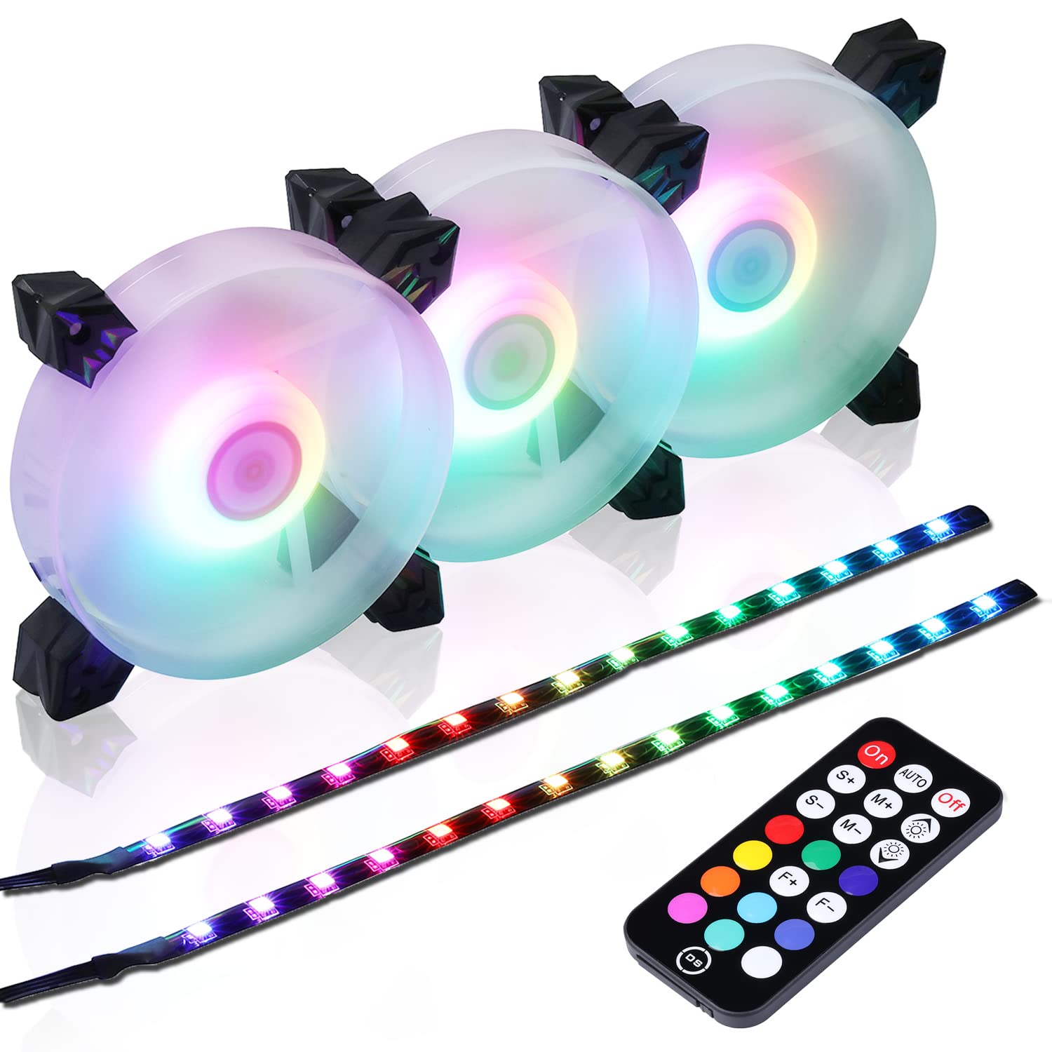 DS Ice Axis Rainbow LED Addressable RGB 120mm Case Fan with Controller for PC Cases, CPU Coolers, Radiators system (3pcs rgb fans, 2pcs led strips, E Series)